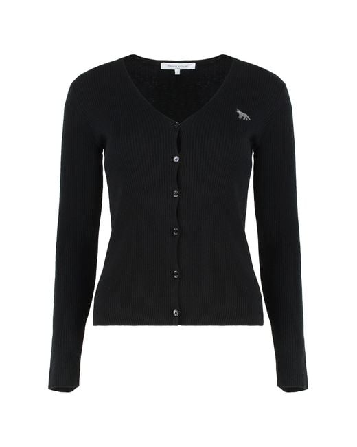 Maison Kitsuné Black Cardigan Made Of Fine Ribbed Wool