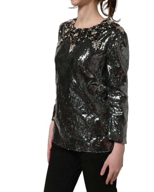 Dolce & Gabbana Black Metallic Gray Sequin Embellished Blouse Top