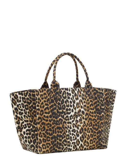 Ganni Metallic Tote Bag Leopard Print Recycled Cotton Handbags