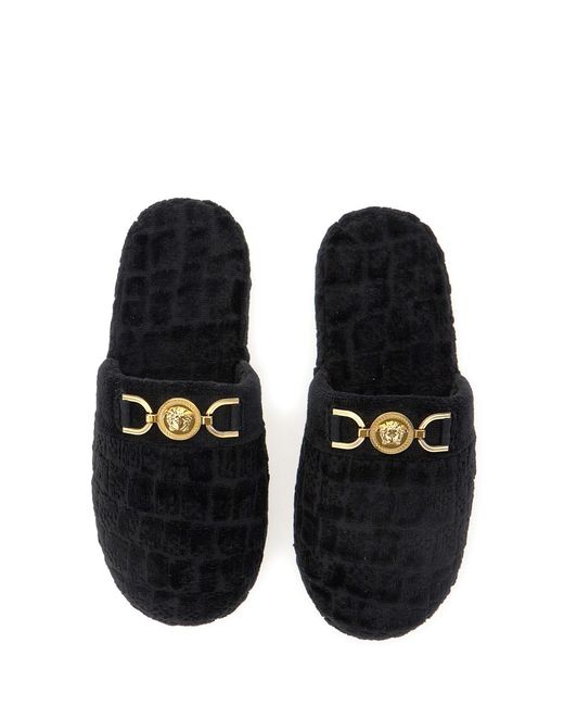 Versace Black Slippers With Fabric Logo Plate