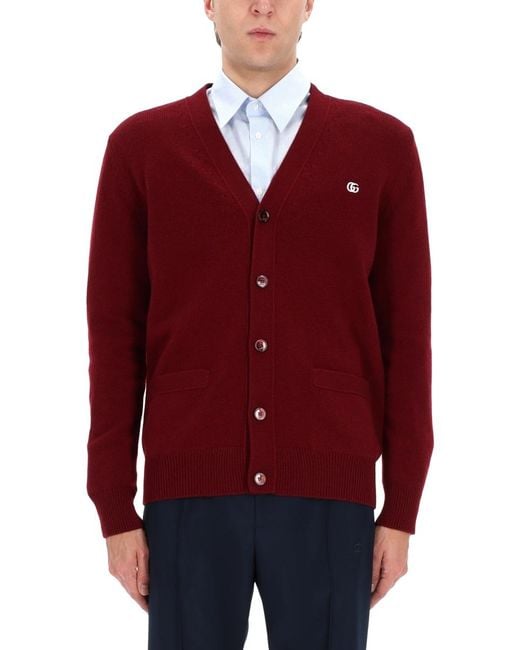 Gucci Red Logo Cardigan Wool And Cashmere Jumpers for men