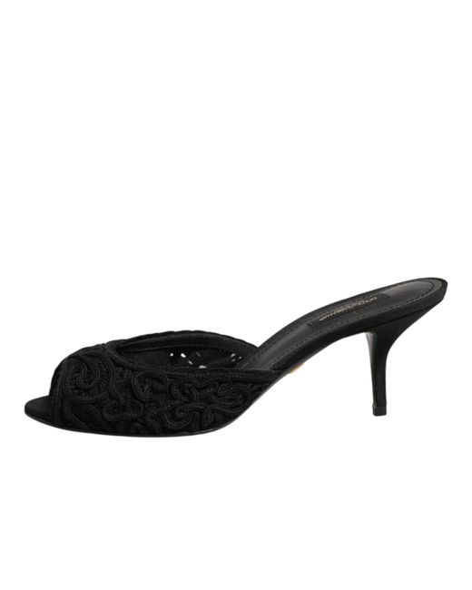 Dolce & Gabbana Black Embroidered Slip On Heels Slides Shoes Co+Pl+Vi