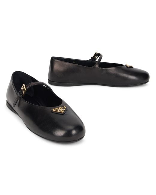 Prada Black Leather Ballet Flats With Ankle Tie Lambskin Ballerina Shoes