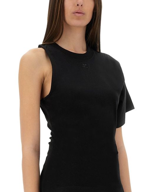Courreges Black One-Shoulder T-Shirt Scuba Cotton T-Shirts