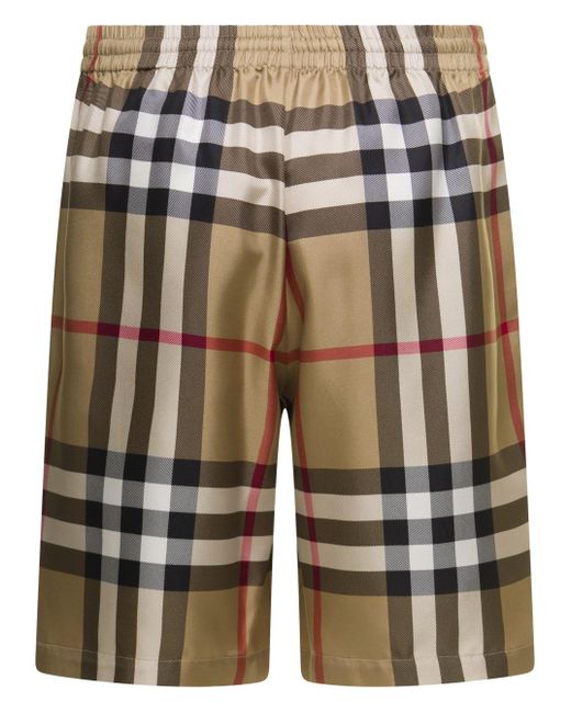 Burberry Green Beige Check Bermuda Shorts In Silk for men