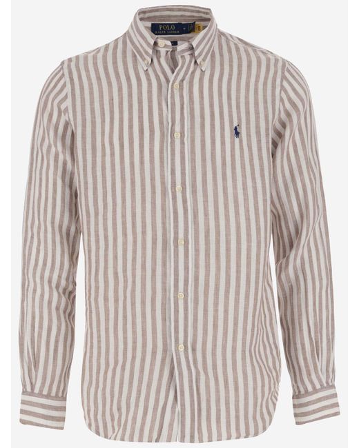 Polo Ralph Lauren Natural Linen Shirt With Striped Pattern And Logo for men