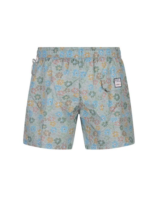 Fedeli Blue Swim Shorts With Multicoloured Flower Pattern for men