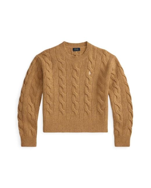 Polo Ralph Lauren Natural Camel Cable-Knit Wool And Cashmere Crewneck Sweater With Pony Embroidery