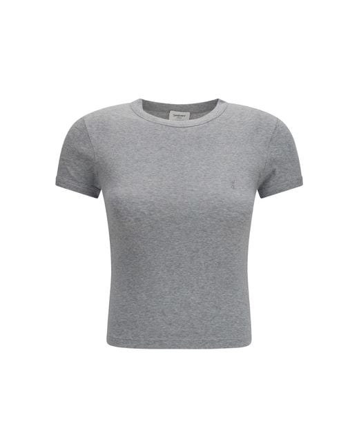 Saint Laurent Gray Fitted Cotton T-Shirt With Embroidered Logo T-Shirts