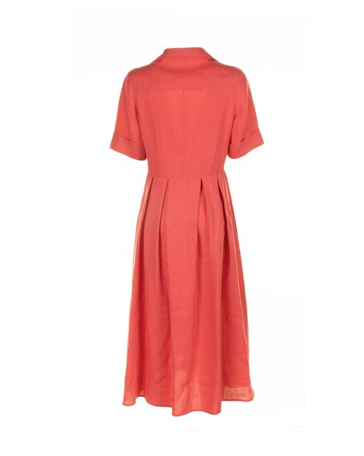 Eleventy Red Long Coral Half-Sleeved Linen Dress