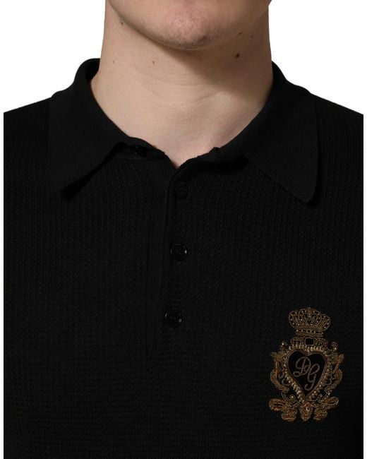 Dolce & Gabbana Black Heraldic Crest Patch Silk Polo T for men