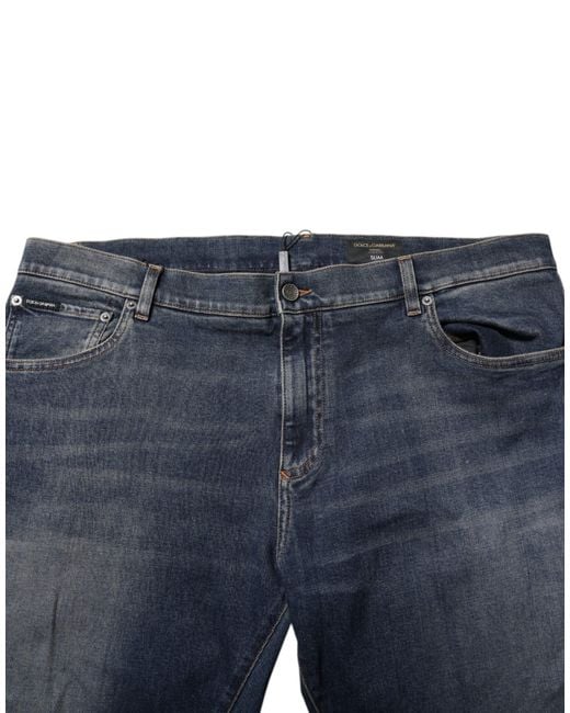 Dolce & Gabbana Blue Cotton Logo Plaque Slim Denim Jeans for men