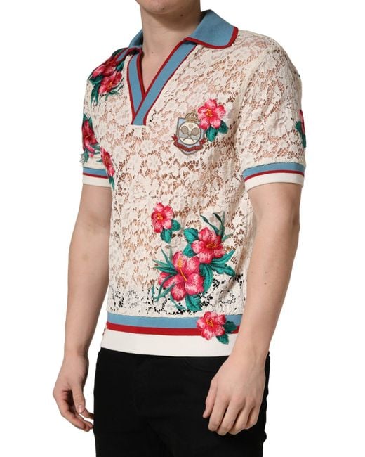 Dolce & Gabbana Multicolor Beige Floral Tennis Club Lace Polo T for men