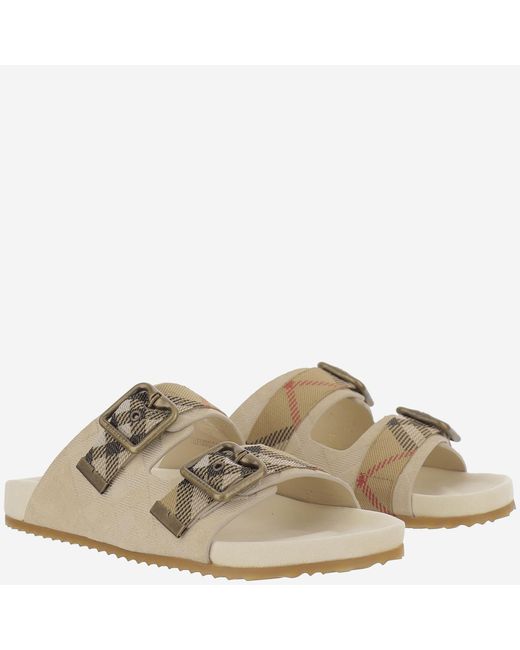 Burberry Natural Mixed Leather Slippers With Double Strap Calf Split