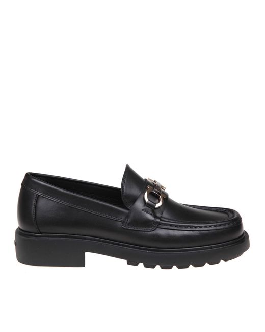 Ferragamo Black Duglas Leather Loafers With Gancini Buckle