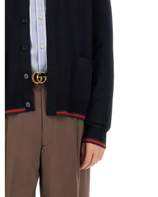 Gucci Blue Knitted Wool Cardigan With Web Pattern for men
