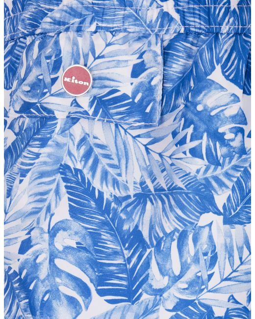 Kiton Blue Swim Shorts With Light Foliage Print for men