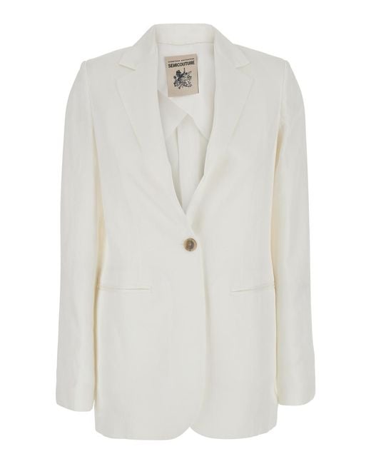 Semicouture White Blazer Viscose Linen With Classic Collar And Front Closure For Blazers