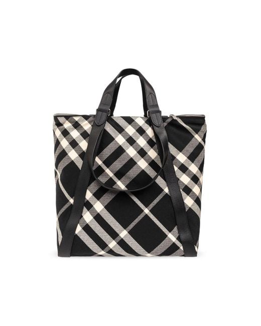Burberry Black Shopper Bag With Check Pattern