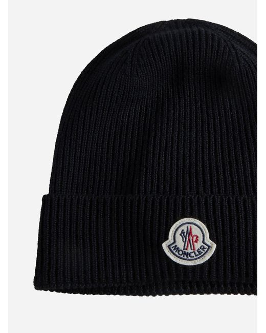 Moncler Black Logo-Patch Wool Beanie for men