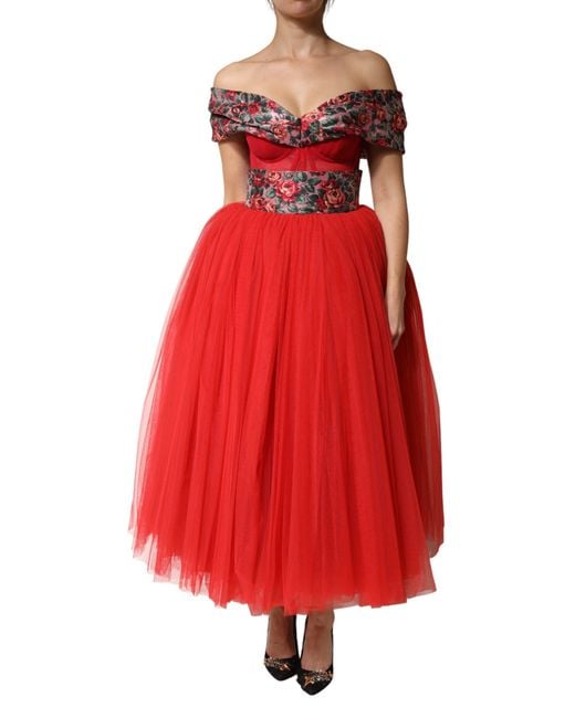 Dolce & Gabbana Red Floral Off Shoulder A-Line Gown Dress