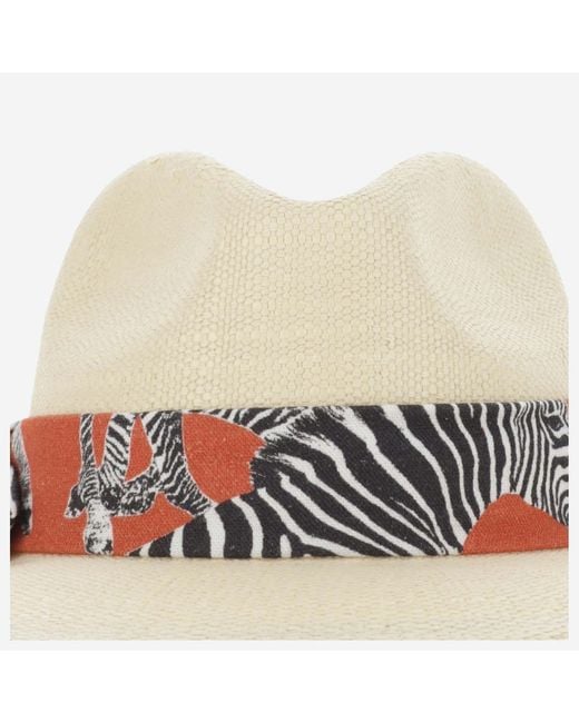 ALEXIA ALVAREZ DE TOLEDO White Panama Hat With Zebra Pattern Belt Raffia