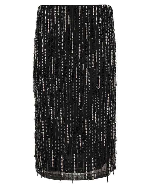 Pinko Black Midi Skirt With Rhinestone-Embellished Mesh Design