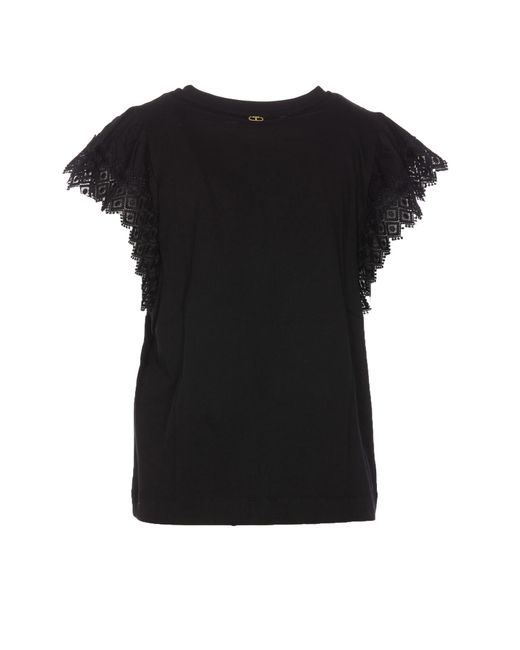 Twin Set Black T-Shirt With Macrame Sleeves