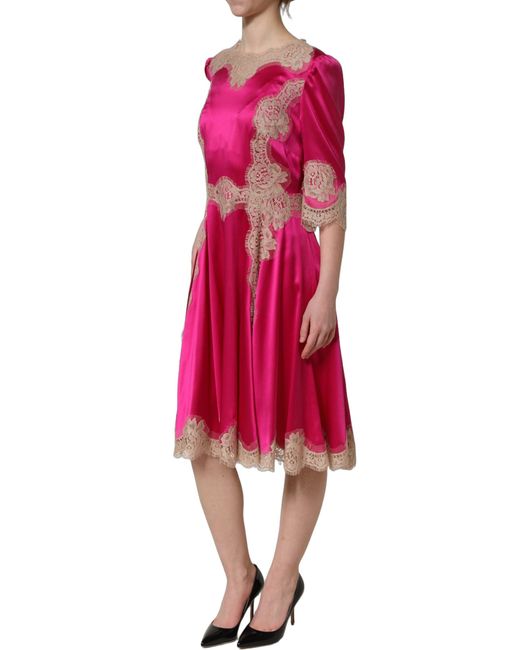 Dolce & Gabbana Pink Fuchsia Lace Detail A-Line Midi Dress Silk Elastane