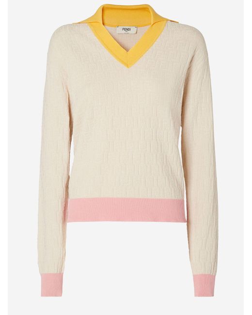 Fendi Natural Sweater With Ff Pattern Cotton