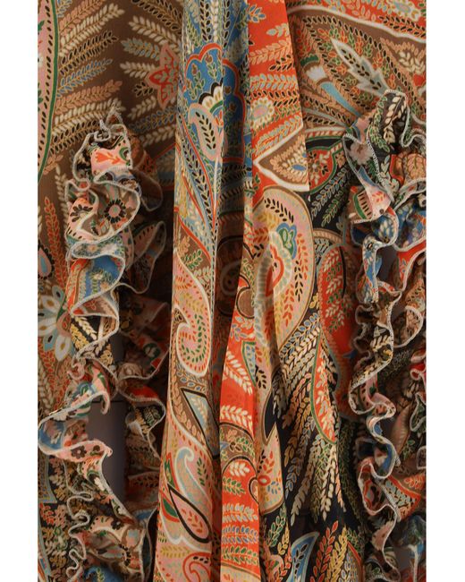 Etro Natural Silk Long Skirt With Flounce And Paisley Motif