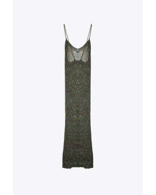 Laneus Green Pailletes Dress Military Net Knitted Long Dress With Sequins