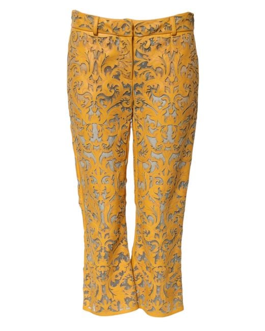 Dolce & Gabbana Yellow Floral Laser Cut Leather Pants for men