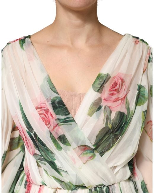 Dolce & Gabbana Red Floral Silk Wrap Midi Long Sleeve Dress