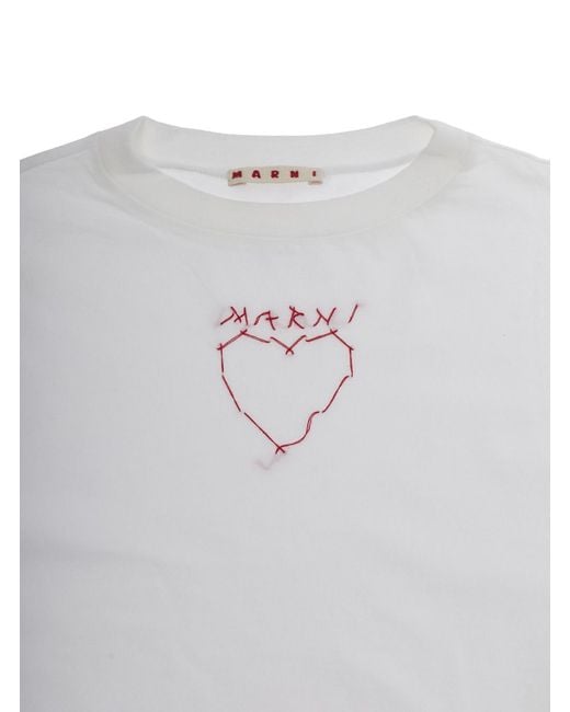 Marni White Crop T-Shirt With Embroidered Logo — Cotton T-Shirts