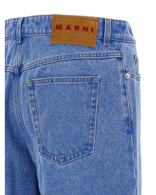 Marni Blue Wide-Leg Pleat Jeans With Contrast Stitching And Suede Logo for men