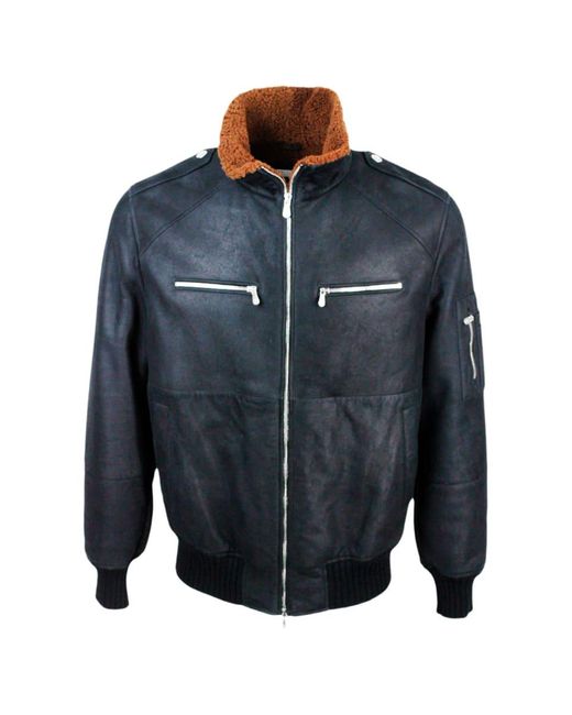Brunello Cucinelli Blue Suede Shearling Bomber Jacket With Zip Closure And Knitted Cuffs And Bottom for men