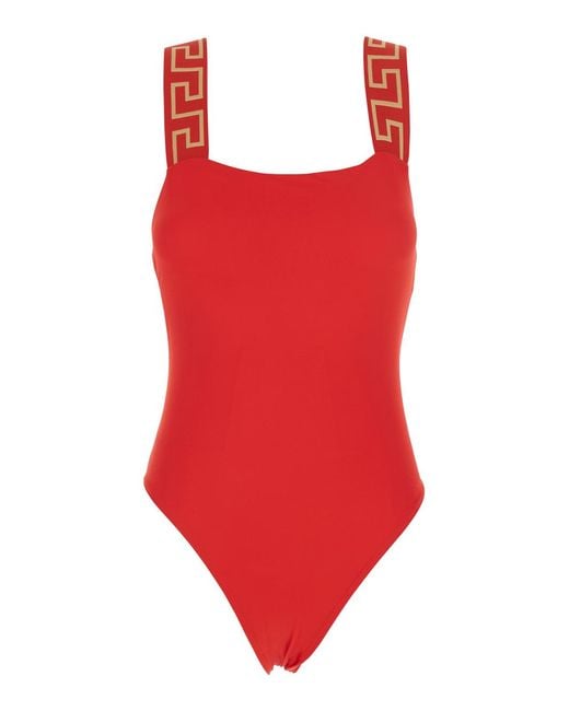 Versace Red One-Piece Swimsuit With Greca Detail