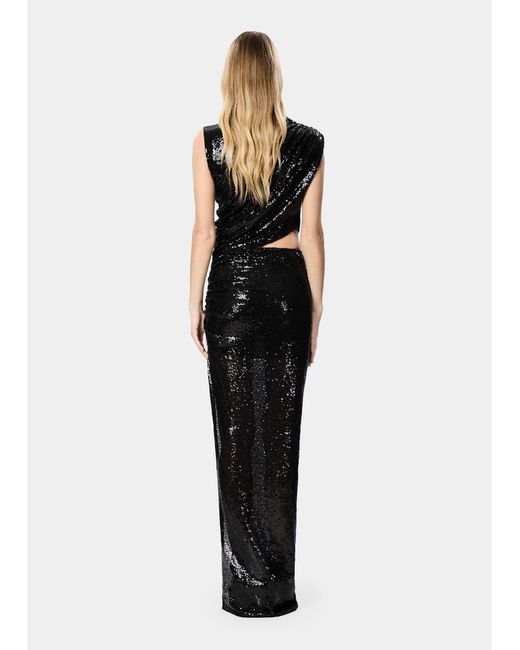 Amazuìn Black Sequined Stretch Tulle Detachable Maxi Dress With Cut-Out Detail And Side Slit