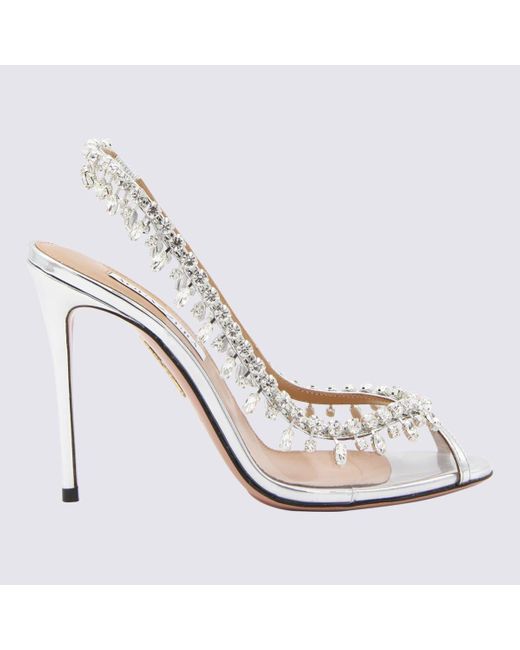 Aquazzura Metallic Silver Leather Temptation Crystal Sandals