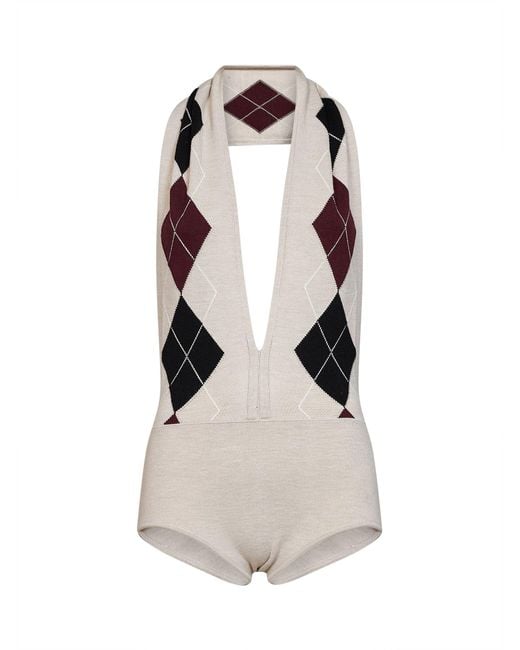 Mugler White Knit Bodysuit Argyle Virgin Wool Tops