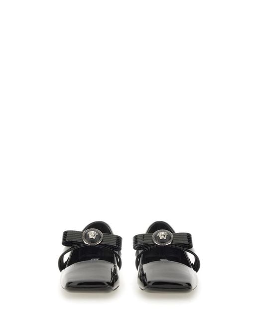 Versace White Patent Leather Ballerina With Ribbon Detail Goat Shoe
