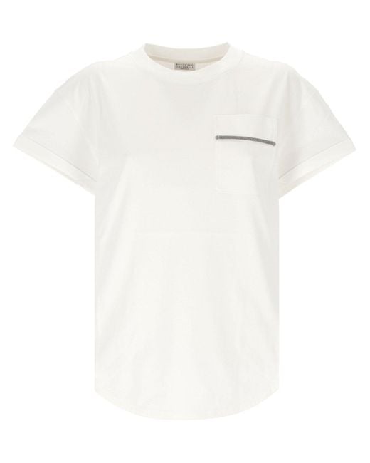 Brunello Cucinelli White Chain-Embellished Cotton Crewneck Tee