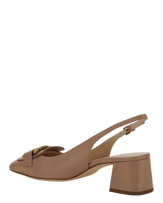 Tod's Brown Pink Slingbacks With Chain Detail In Leather Woman