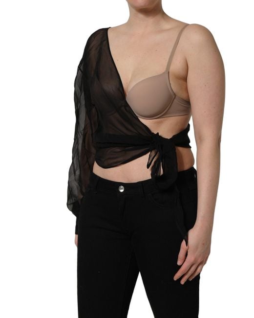Dolce & Gabbana Black Wrap Sheer Chiffon One Shoulder Top Silk