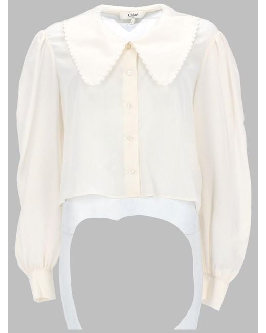 Chloé White Blouse Puff-Sleeve Crêpe De Chine Silk Shirt
