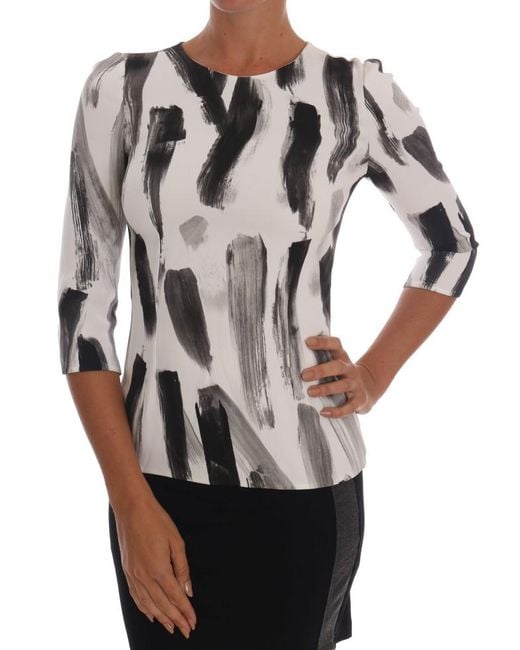 Dolce & Gabbana Gray White Black Striped Printed Blouse Top