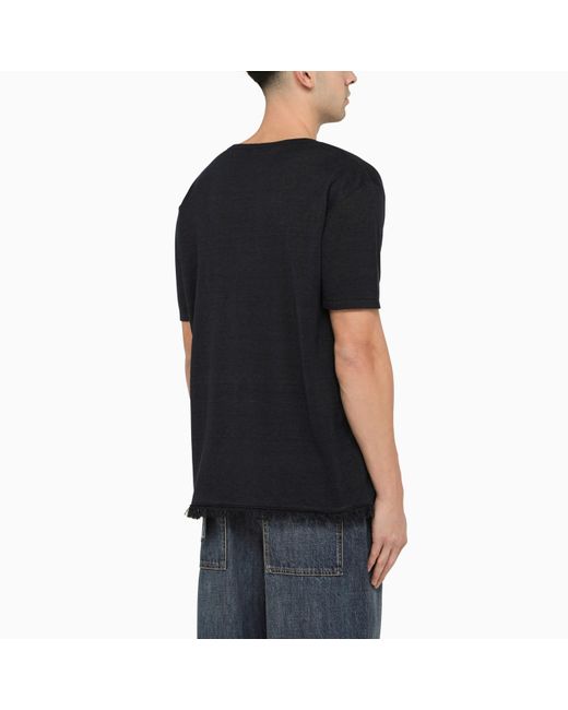 Alanui Black Dark Blue Linen Crew Neck T Shirt With Details for men
