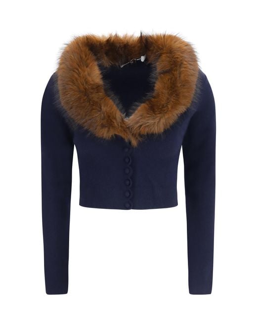Self-Portrait Blue Knit And Faux Fur Cardigan