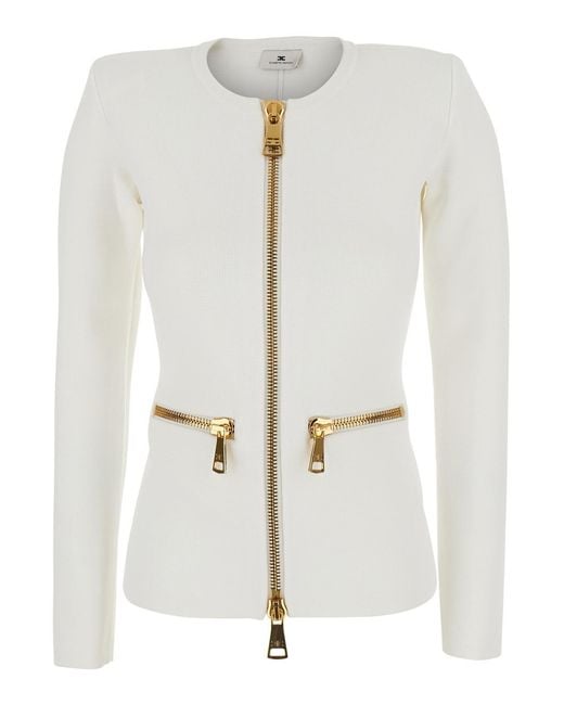 Elisabetta Franchi White Cardigan V-Neck Tech Fabric Tops